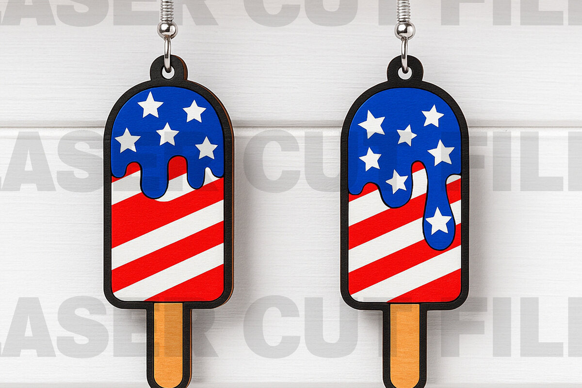 Σετ των 2 Intra απο ξύλο plywood 3mm-4mm πάχος – Patriotic Ice Cream Earrings Δίασταση  5x5 cm INTRAFABR-122673619