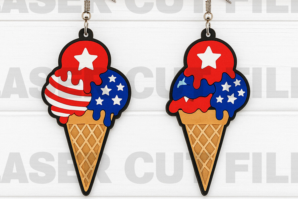 Σετ των 2 Intra απο ξύλο plywood 3mm-4mm πάχος – Patriotic Ice Cream Earrings Δίασταση  5x5 cm INTRAFABR-122673582
