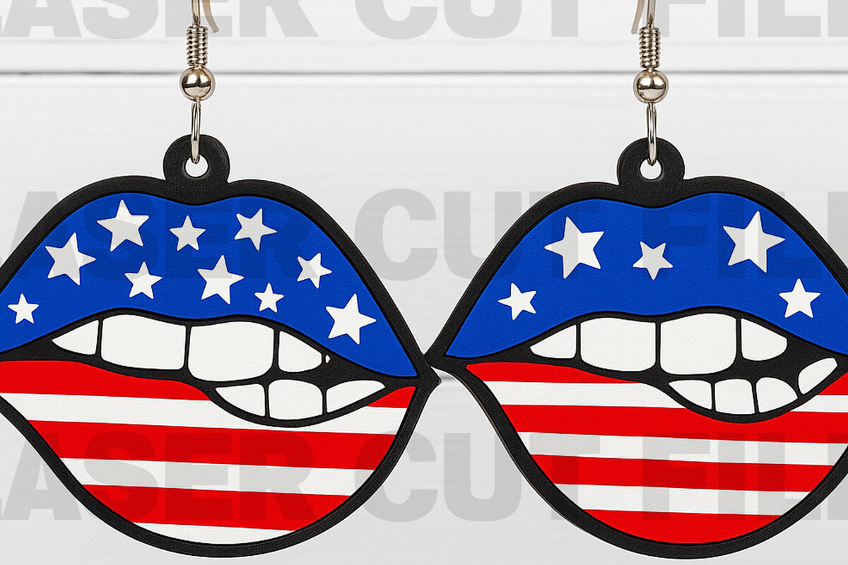 Σετ των 2 Intra απο ξύλο plywood 3mm-4mm πάχος – Patriotic Lips Earrings Δίασταση  5x5 cm INTRAFABR-122673599