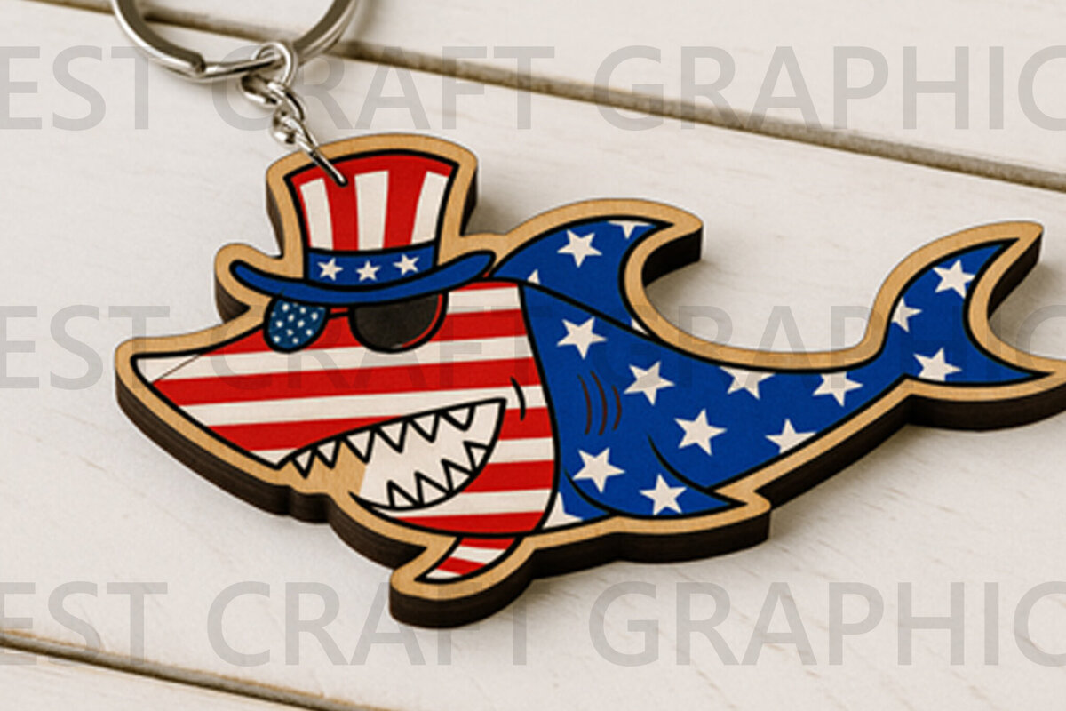 Σετ των 3 Intra απο ξύλο plywood 3mm-4mm πάχος – Μπρελόκ Patriotic Shark Δίασταση  5x5 cm INTRAFABR-122654541