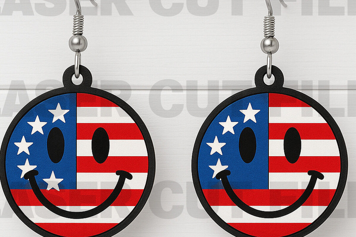 Σετ των 2 Intra απο ξύλο plywood 3mm-4mm πάχος – Patriotic Smile Face Earrings Δίασταση  5x5 cm INTRAFABR-122673642