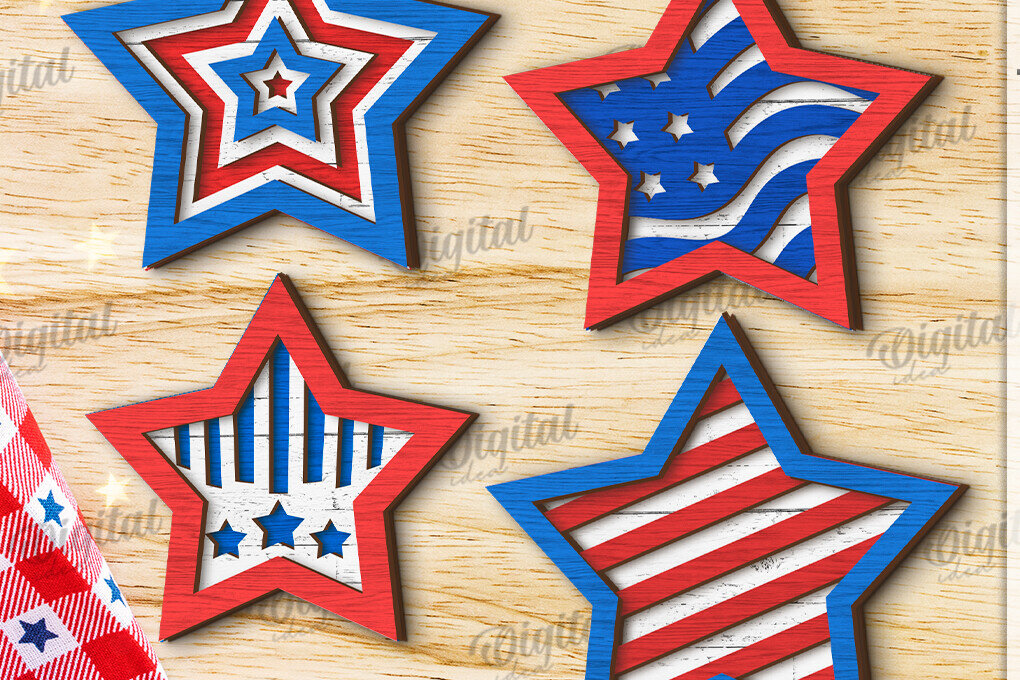 Σετ των 2 Intra απο ξύλο plywood 3mm-4mm πάχος – Patriotic Star Decor  κοπής με λέιζερ Δίασταση  20x20 cm INTRAFABR-122197564