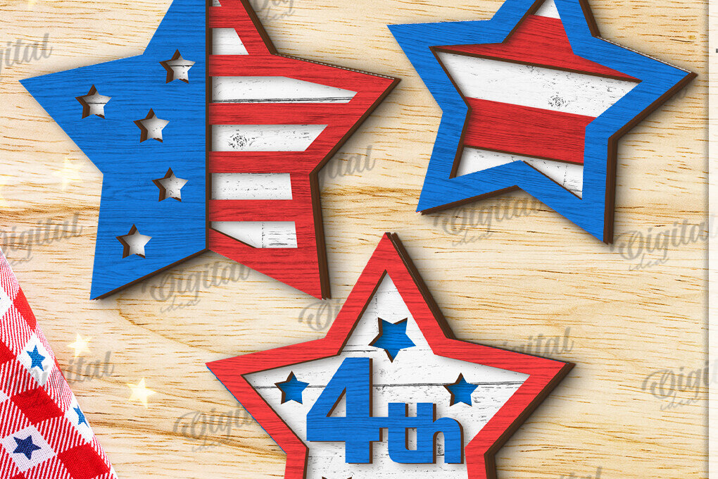 Σετ των 2 Intra απο ξύλο plywood 3mm-4mm πάχος – Patriotic Star Decor  κοπής με λέιζερ Δίασταση  20x20 cm INTRAFABR-122197500