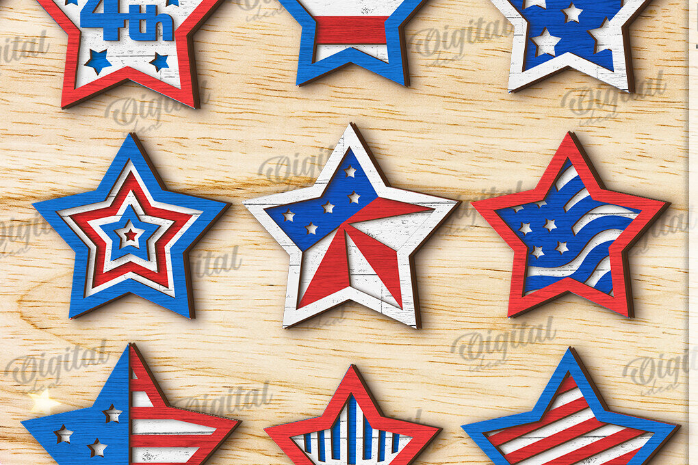 Σετ των 2 Intra απο ξύλο plywood 3mm-4mm πάχος – Patriotic Stars Decor Bundle Cut Laser Δίασταση  20x20 cm INTRAFABR-122061105