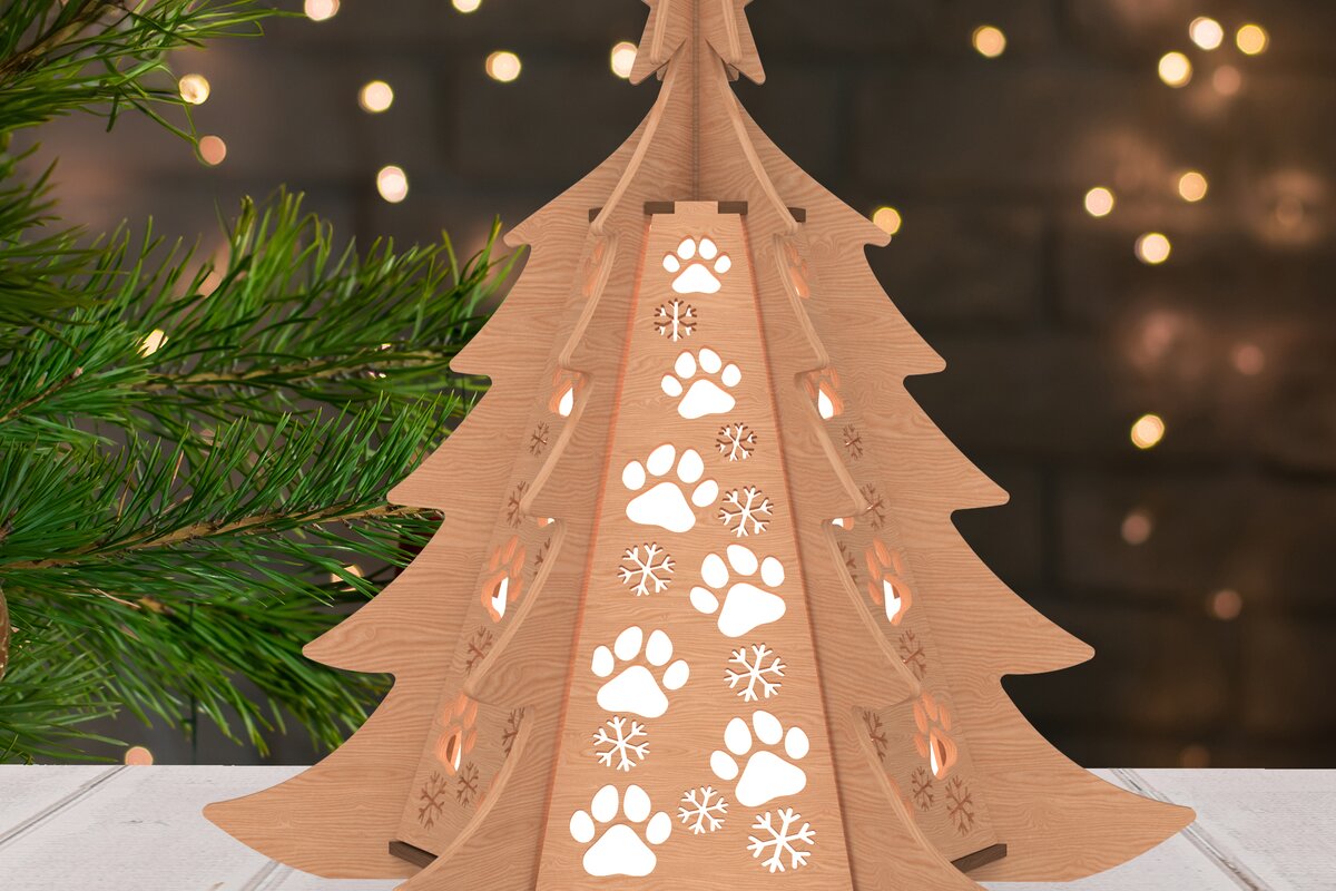Σετ των 2 Intra απο ξύλο plywood 3mm-4mm πάχος – Paw Print Xmas Tree Lantern Δίασταση  20x20 cm INTRAFABR-108650588