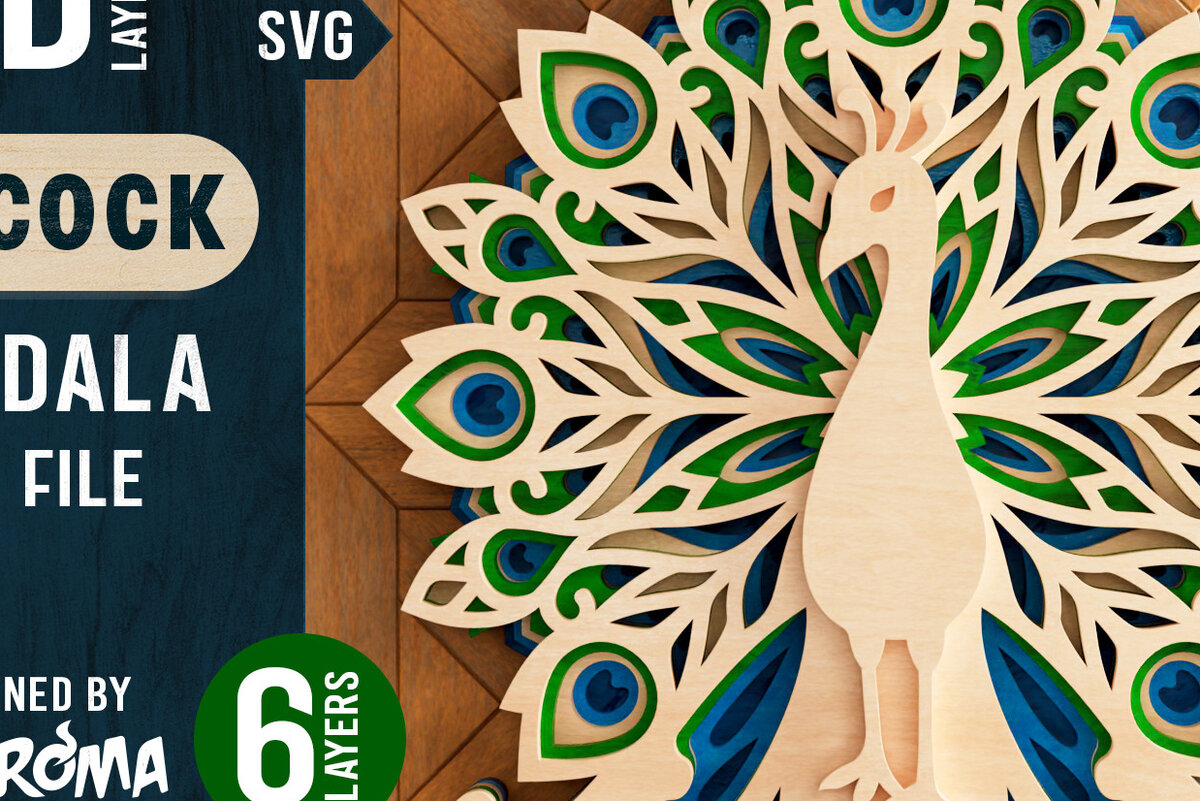 Σετ των 2 Intra απο ξύλο plywood 3mm-4mm πάχος – Peacock Mandala 3D Layered Δίασταση  20x20 cm INTRAFABR-21654422