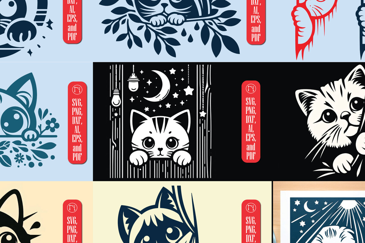 Σετ των 2 Intra απο ξύλο plywood 3mm-4mm πάχος – Πακέτο αρχείου αποκοπής PEEKING CAT Δίασταση  20x20 cm INTRAFABR-99407412