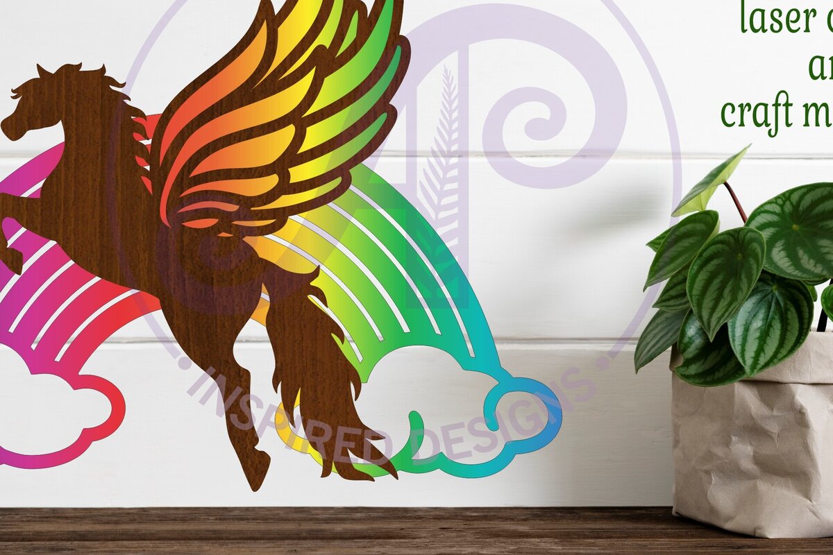 Σετ των 2 Intra απο ξύλο plywood 3mm-4mm πάχος – Πήγασος και ουράνιο τόξο δύο επιπέδων τοίχο σημάδι Δίασταση  20x20 cm INTRAFABR-84416241