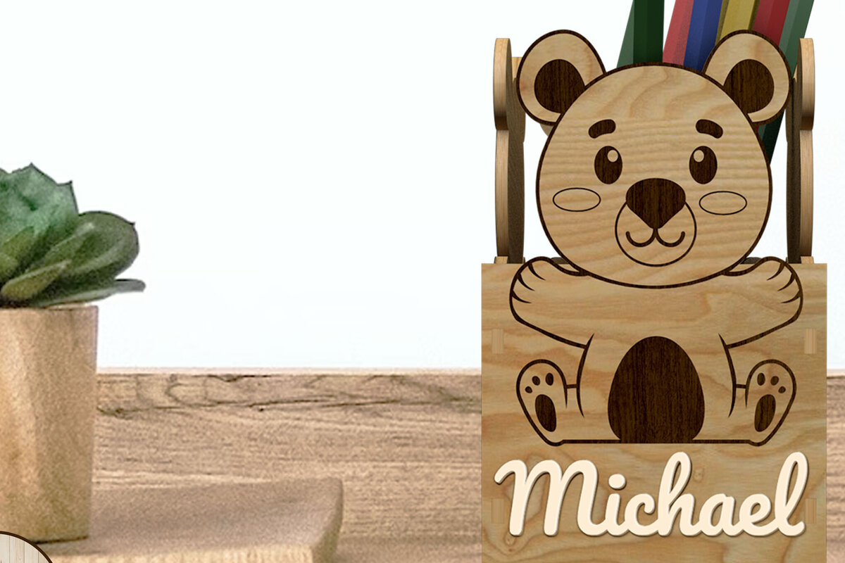 Σετ των 2 Intra απο ξύλο plywood 3mm-4mm πάχος – Μολυβοθήκη αρκουδάκι, Δίασταση  20x20 cm INTRAFABR-87769695