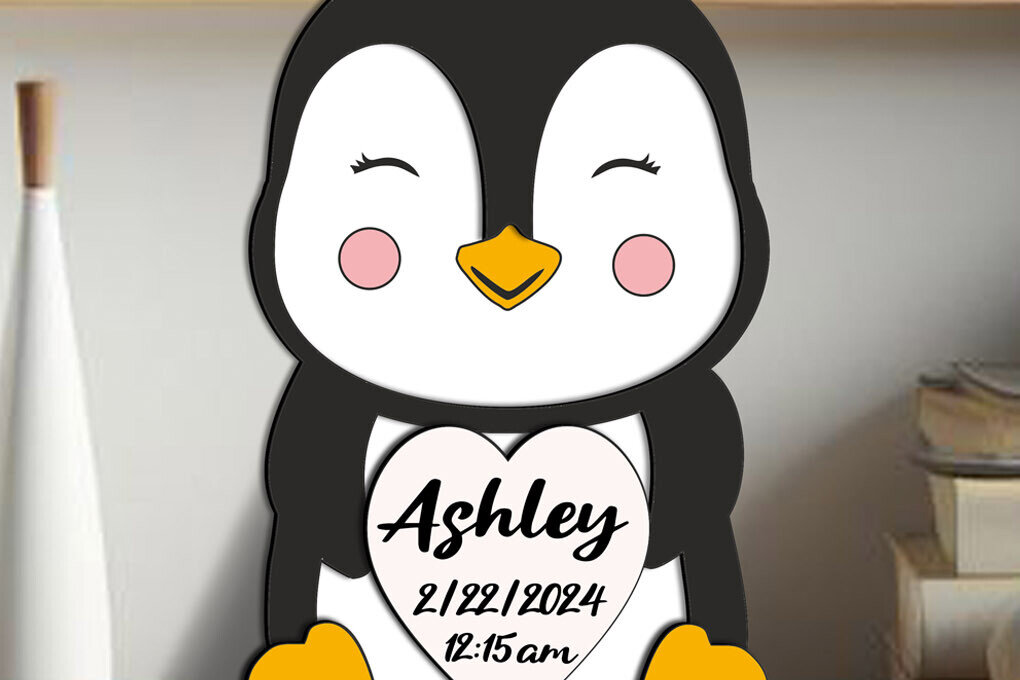 Σετ των 2 Intra απο ξύλο plywood 3mm-4mm πάχος – Λέιζερ αναγγελίας γέννησης μωρού Penguin Δίασταση  20x20 cm INTRAFABR-103243670