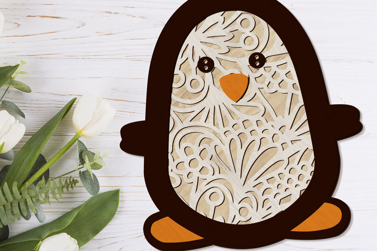 Intra απο ξύλο plywood 3mm-4mm πάχος – Διακοσμητικό πρότυπο κοπής με λέιζερ Penguin Δίασταση  40x30 cm INTRAFABR-91843826