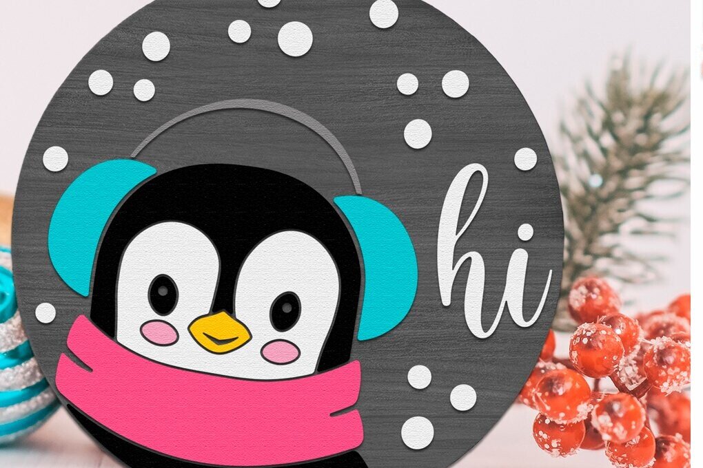 Intra απο ξύλο plywood 3mm-4mm πάχος – Penguin Hi, Xmas Door Sign Δίασταση  40x30 cm INTRAFABR-112036968