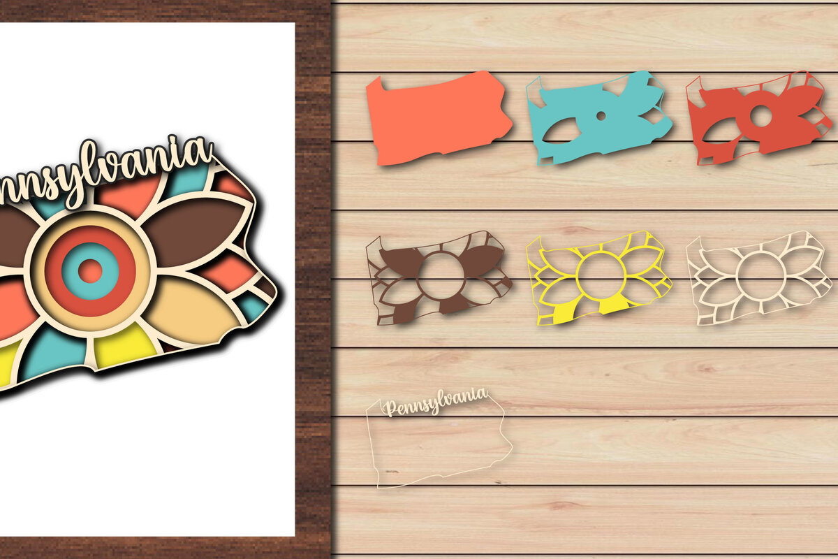 Σετ των 2 Intra απο ξύλο plywood 3mm-4mm πάχος – Κοπή χαρτιού 3d State Pennsylvania USA Δίασταση  20x20 cm INTRAFABR-64957119