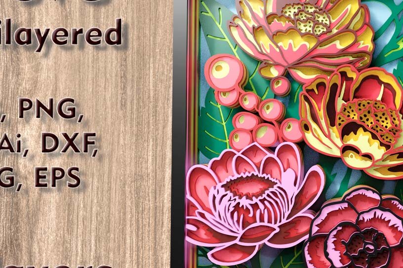 Σετ των 2 Intra απο ξύλο plywood 3mm-4mm πάχος – Αρχεία λέιζερ πολλαπλών επιπέδων Peony 3D Δίασταση  20x20 cm INTRAFABR-109001562