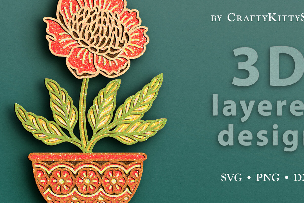 Σετ των 2 Intra απο ξύλο plywood 3mm-4mm πάχος – Αρχείο αποκοπής με 3D Layered Peony Flower Δίασταση  20x20 cm INTRAFABR-63734641