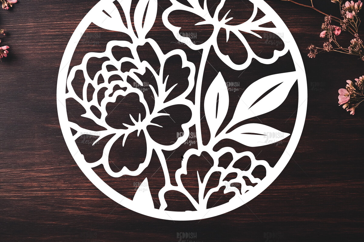 Σετ των 2 Intra απο ξύλο plywood 3mm-4mm πάχος – Χαρτί κομμένο στρογγυλό σημάδι παιώνιας λουλουδιών Δίασταση  20x20 cm INTRAFABR-122603657