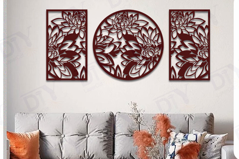 Intra απο ξύλο plywood 3mm-4mm πάχος – Πάνελ κοπής με λέιζερ 3 τεμαχίων με Peony Wall Art Δίασταση  40x30 cm INTRAFABR-120648610