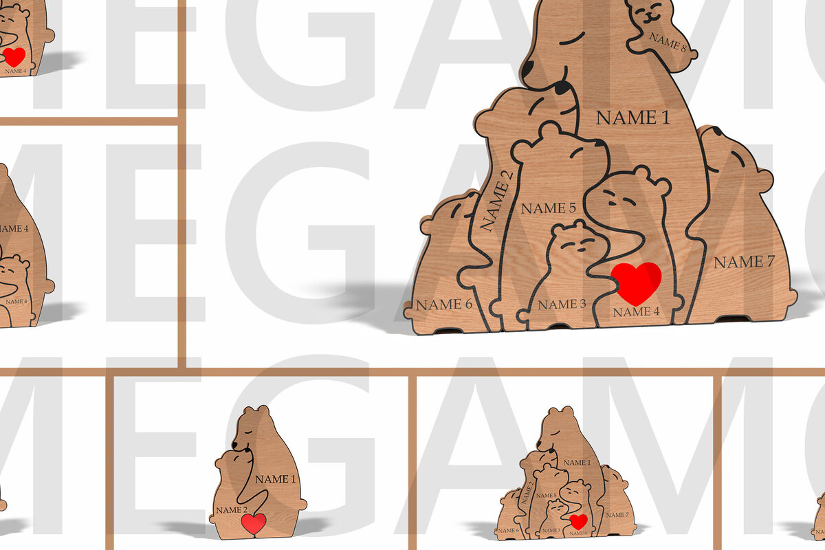Σετ των 2 Intra απο ξύλο plywood 3mm-4mm πάχος – Προσωποποιημένο Bear Family Puzzle Δίασταση  20x20 cm INTRAFABR-121878420