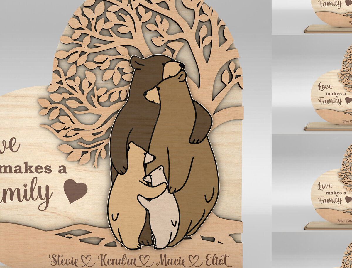 Σετ των 2 Intra απο ξύλο plywood 3mm-4mm πάχος – Εξατομικευμένο Bear Family Δίασταση  20x20 cm INTRAFABR-97778244