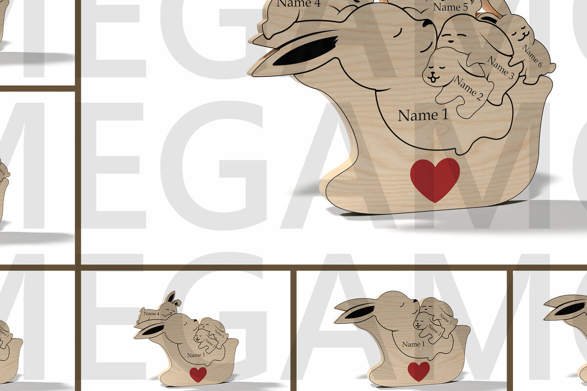 Σετ των 2 Intra απο ξύλο plywood 3mm-4mm πάχος – Εξατομικευμένο ζώδιο παζλ Family Bunny Δίασταση  20x20 cm INTRAFABR-121878416