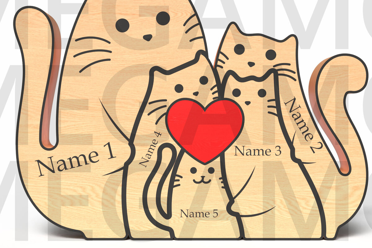 Σετ των 2 Intra απο ξύλο plywood 3mm-4mm πάχος – Εξατομικευμένη Οικογένεια Γάτας με Καρδιά Δίασταση  20x20 cm INTRAFABR-121637316