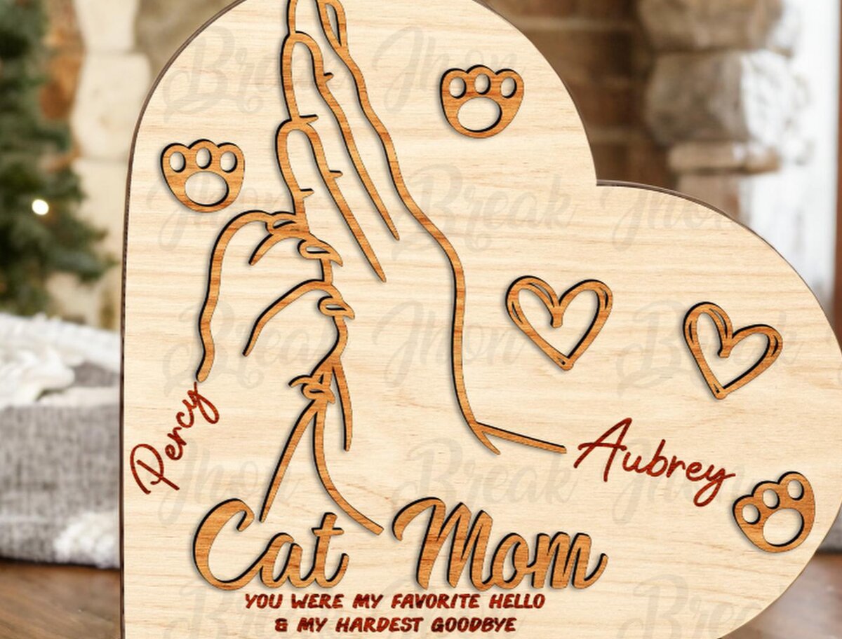 Σετ των 2 Intra απο ξύλο plywood 3mm-4mm πάχος – Εξατομικευμένο Σήμα Καρδιάς Μαμάς Γάτας Δίασταση  20x20 cm INTRAFABR-116296674