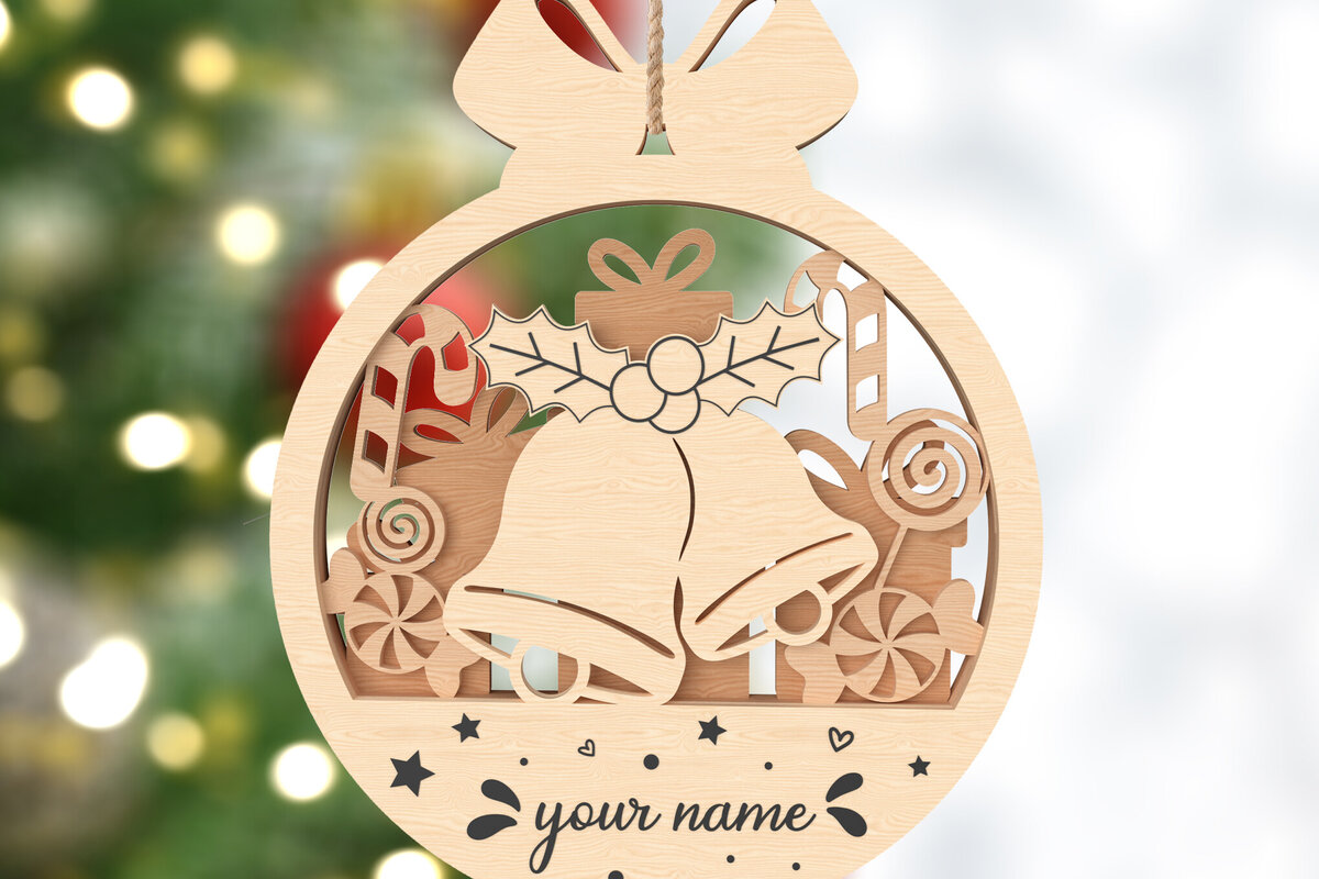 Σετ των 2 Intra απο ξύλο plywood 3mm-4mm πάχος – Εξατομικευμένο χριστουγεννιάτικο στολίδι με καμπάνες Δίασταση  20x20 cm INTRAFABR-106720598