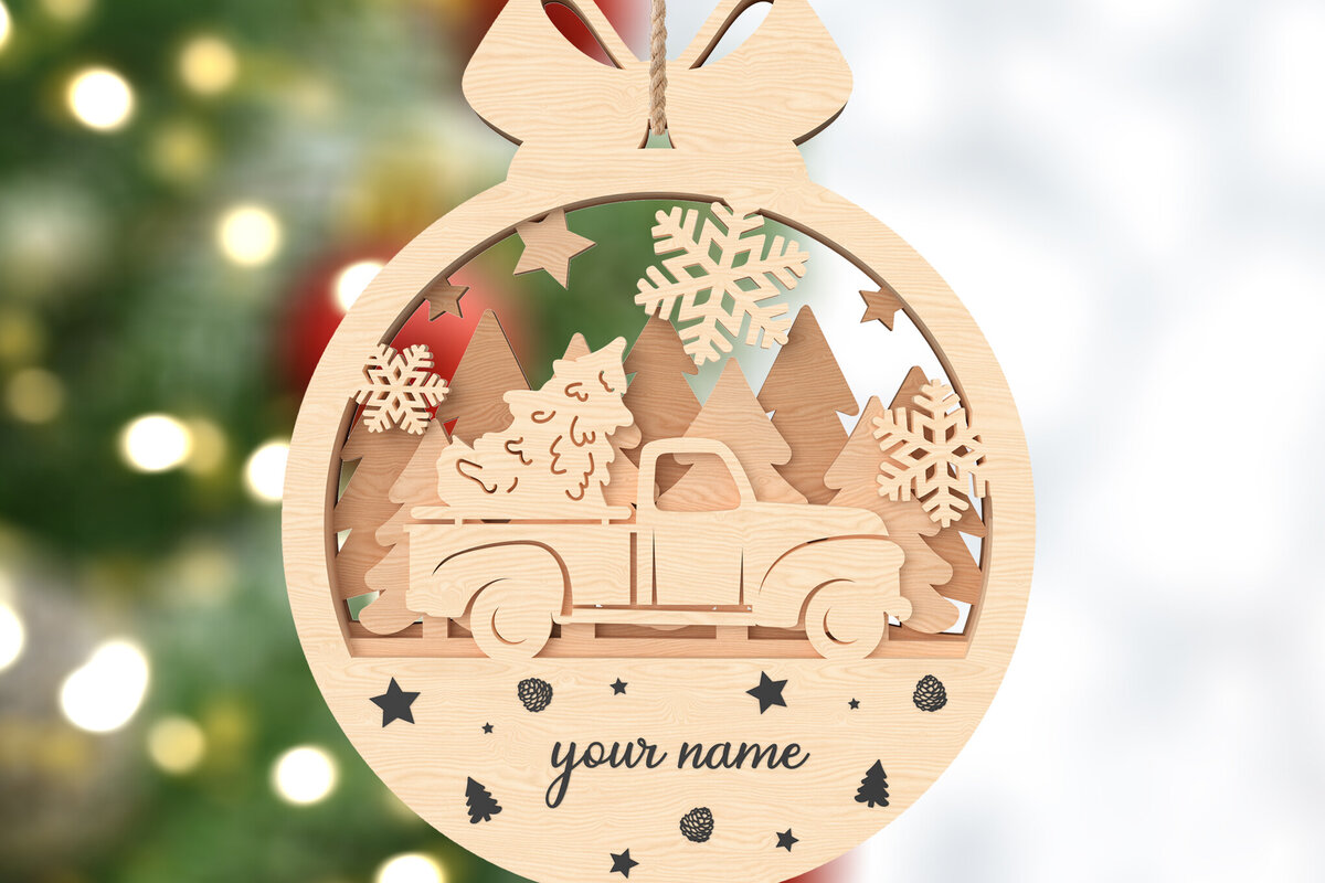 Σετ των 2 Intra απο ξύλο plywood 3mm-4mm πάχος – Προσωποποιημένο Χριστουγεννιάτικο Στολίδι Φορτηγού Δίασταση  20x20 cm INTRAFABR-106720535