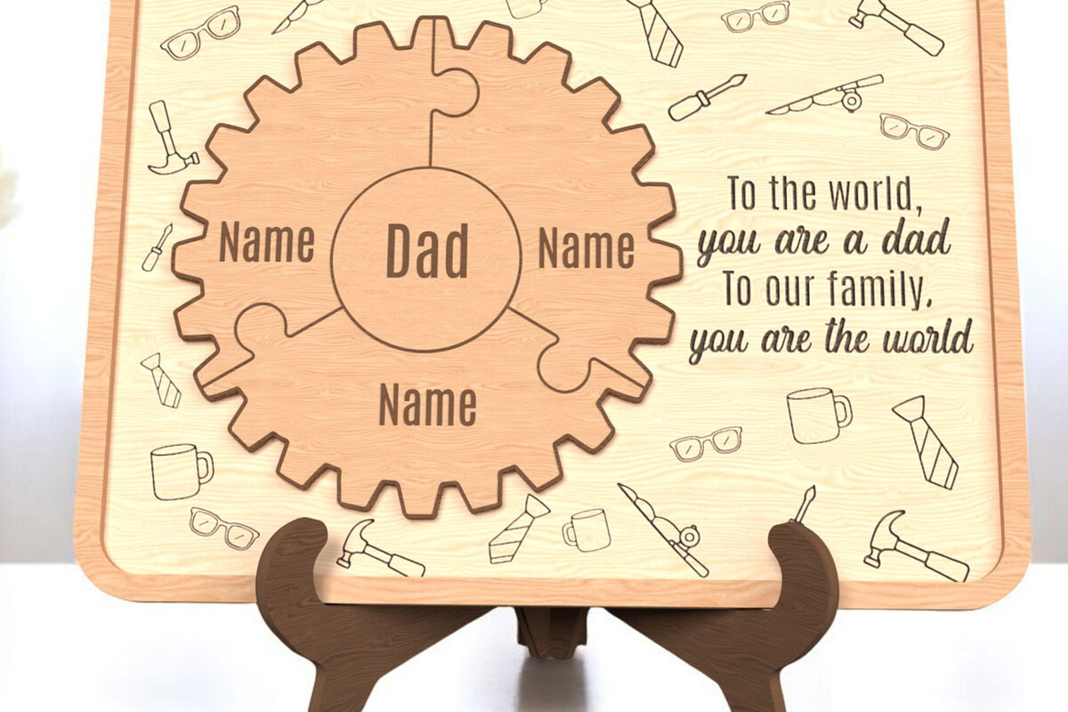 Σετ των 2 Intra απο ξύλο plywood 3mm-4mm πάχος – Εξατομικευμένη επιγραφή Dad Puzzle Gear Δίασταση  20x20 cm INTRAFABR-121915223