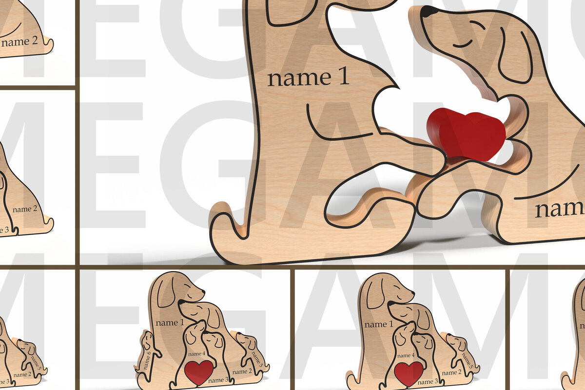 Σετ των 2 Intra απο ξύλο plywood 3mm-4mm πάχος – Εξατομικευμένο Dog Family Puzzle Δίασταση  20x20 cm INTRAFABR-121965187