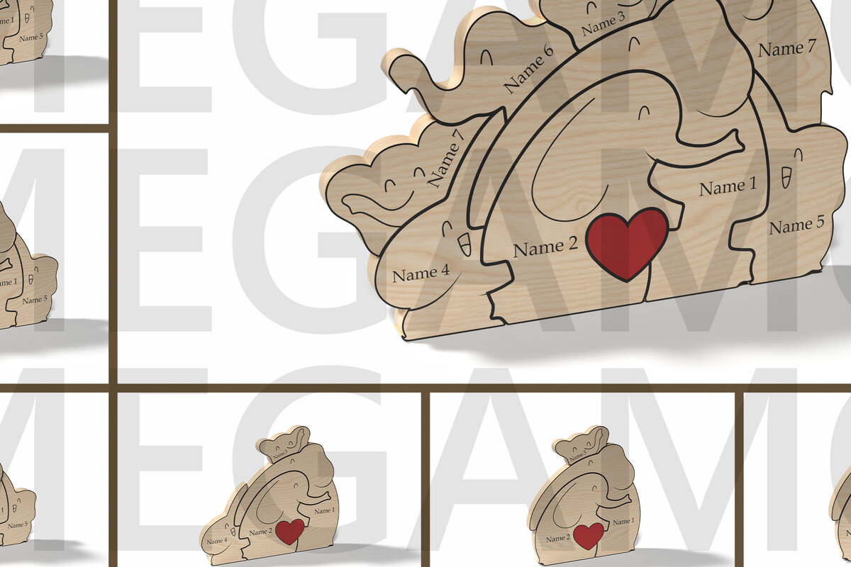 Σετ των 2 Intra απο ξύλο plywood 3mm-4mm πάχος – Εξατομικευμένο Elephant Family Puzzle Δίασταση  20x20 cm INTRAFABR-121878413