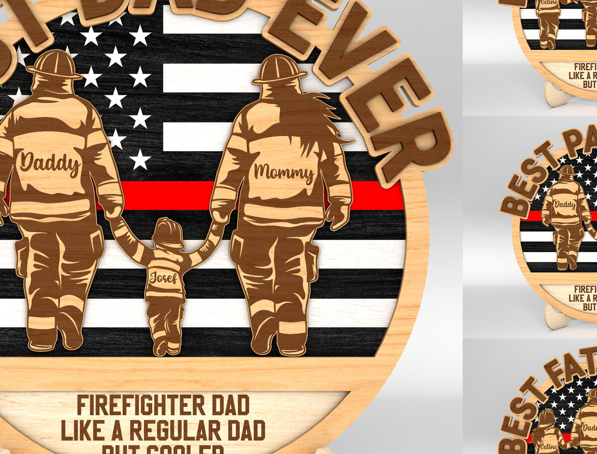 Σετ των 2 Intra απο ξύλο plywood 3mm-4mm πάχος – Εξατομικευμένος Πυροσβέστης Μπαμπάς και Παιδιά Δίασταση  20x20 cm INTRAFABR-100013565