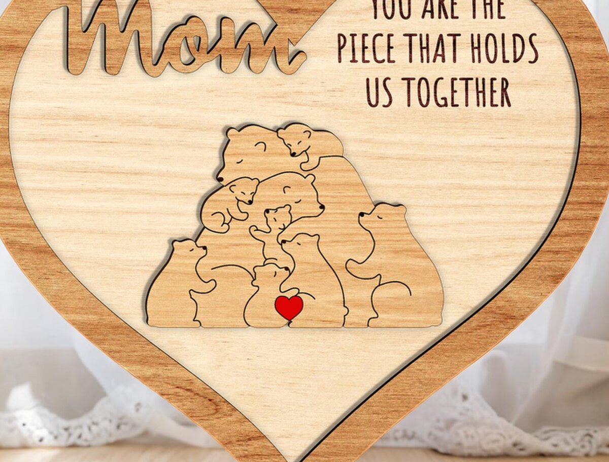 Σετ των 2 Intra απο ξύλο plywood 3mm-4mm πάχος – Εξατομικευμένο Floral Bear Family Δίασταση  20x20 cm INTRAFABR-117970641