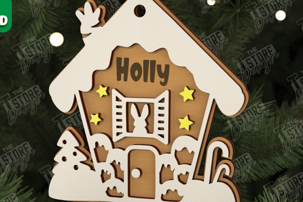 Σετ των 2 Intra απο ξύλο plywood 3mm-4mm πάχος – Εξατομικευμένο στολίδι Gingerbread House Δίασταση  20x20 cm INTRAFABR-106125337