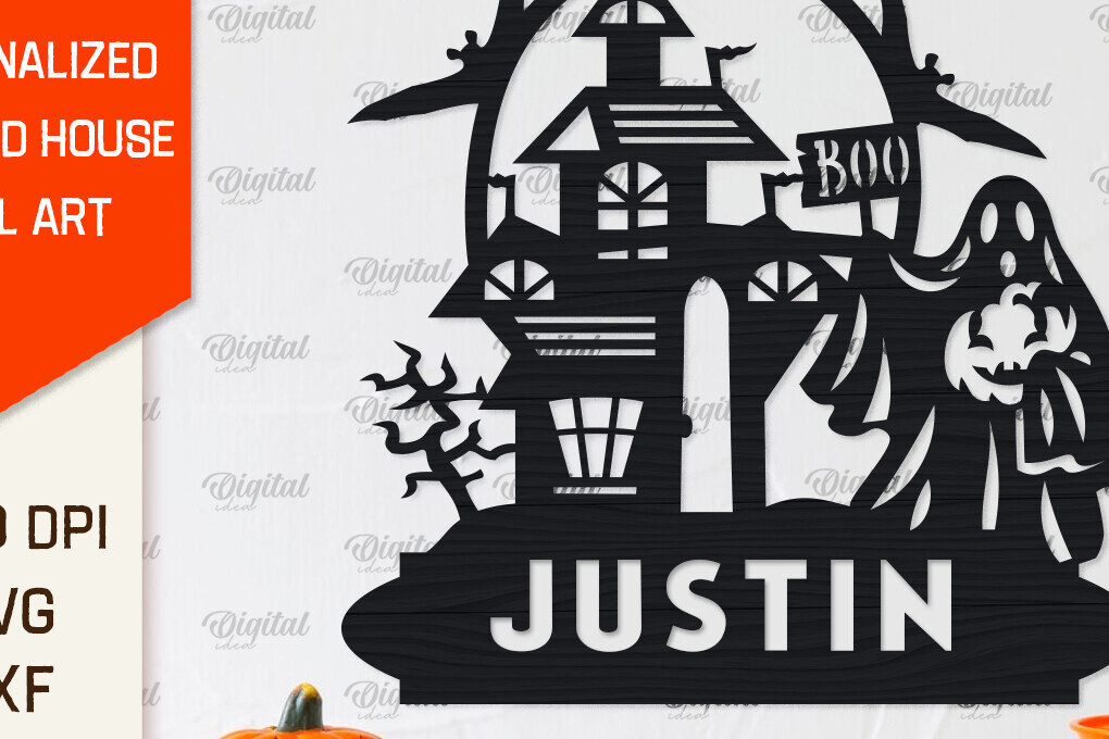 Σετ των 2 Intra απο ξύλο plywood 3mm-4mm πάχος – Εξατομικευμένη περικοπή λέιζερ Haunted House Δίασταση  20x20 cm INTRAFABR-104233158