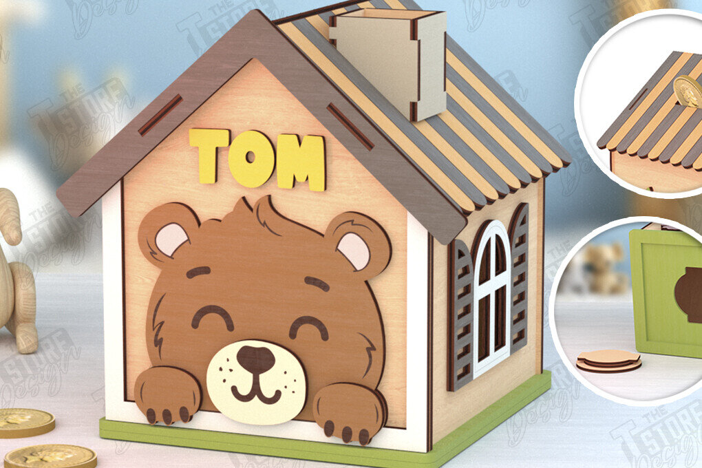 Σετ των 2 Intra απο ξύλο plywood 3mm-4mm πάχος – Εξατομικευμένη Piggy Bank | Αρκούδα Δίασταση  20x20 cm INTRAFABR-120841452