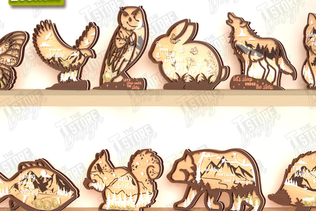 Σετ των 2 Intra απο ξύλο plywood 3mm-4mm πάχος – Εξατομικευμένη δέσμη κοπής λέιζερ Piggy Bank Δίασταση  20x20 cm INTRAFABR-122679434