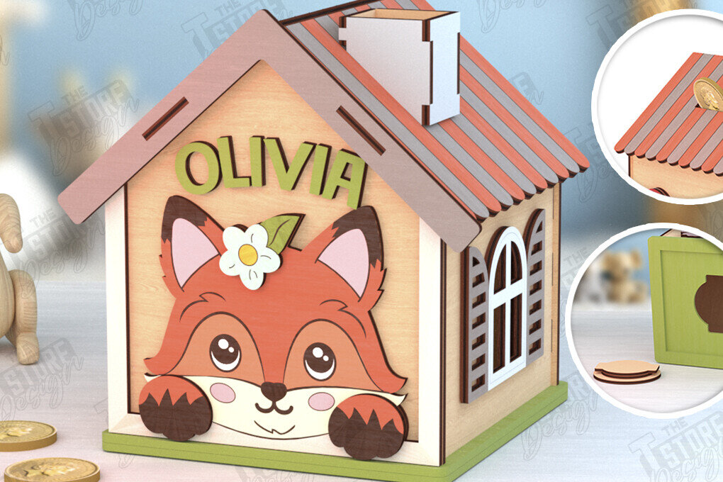 Σετ των 2 Intra απο ξύλο plywood 3mm-4mm πάχος – Εξατομικευμένη Piggy Bank | Αλεπού Δίασταση  20x20 cm INTRAFABR-120963991