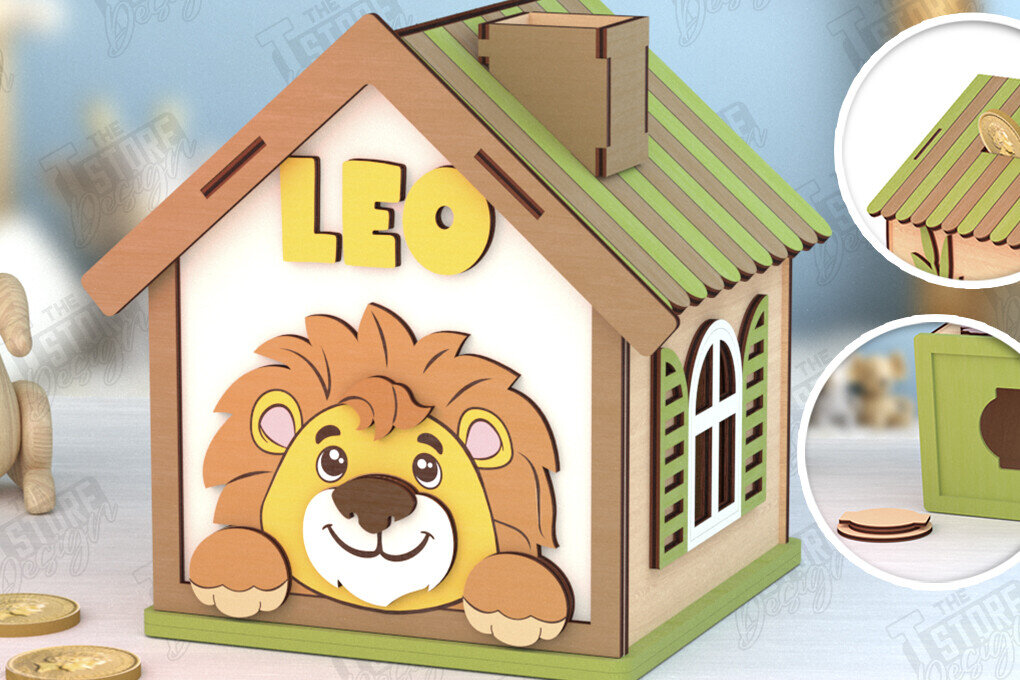 Σετ των 2 Intra απο ξύλο plywood 3mm-4mm πάχος – Εξατομικευμένη Piggy Bank | Λιοντάρι Δίασταση  20x20 cm INTRAFABR-120964026