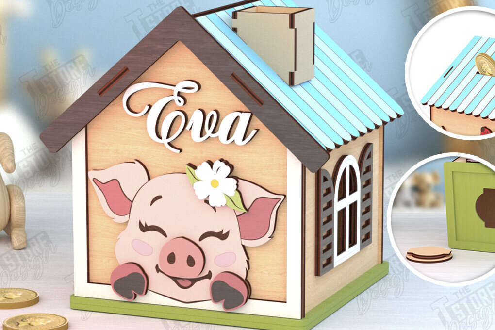 Σετ των 2 Intra απο ξύλο plywood 3mm-4mm πάχος – Εξατομικευμένη Piggy Bank | Χοίρος Δίασταση  20x20 cm INTRAFABR-120841447