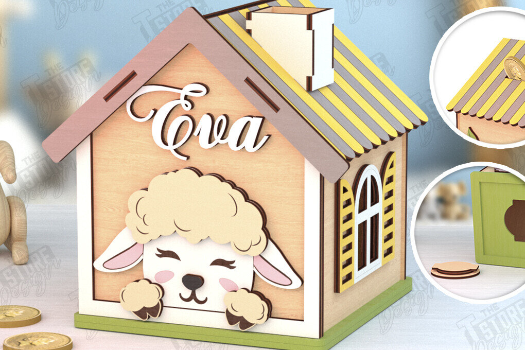 Σετ των 2 Intra απο ξύλο plywood 3mm-4mm πάχος – Personalized Piggy Bank |Πρόβατα Δίασταση  20x20 cm INTRAFABR-120841444