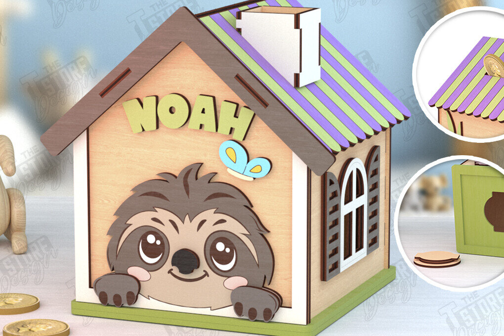 Σετ των 2 Intra απο ξύλο plywood 3mm-4mm πάχος – Personalized Piggy Bank | Sloth Δίασταση  20x20 cm INTRAFABR-120841443