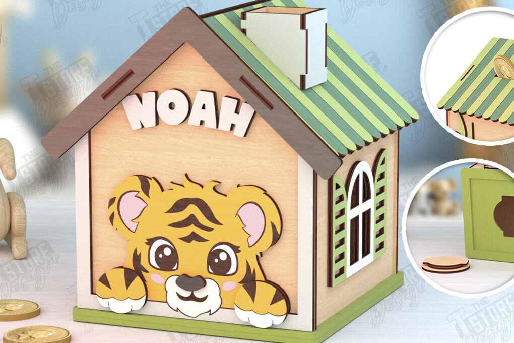 Σετ των 2 Intra απο ξύλο plywood 3mm-4mm πάχος – Personalized Piggy Bank |Tiger Δίασταση  20x20 cm INTRAFABR-120841449