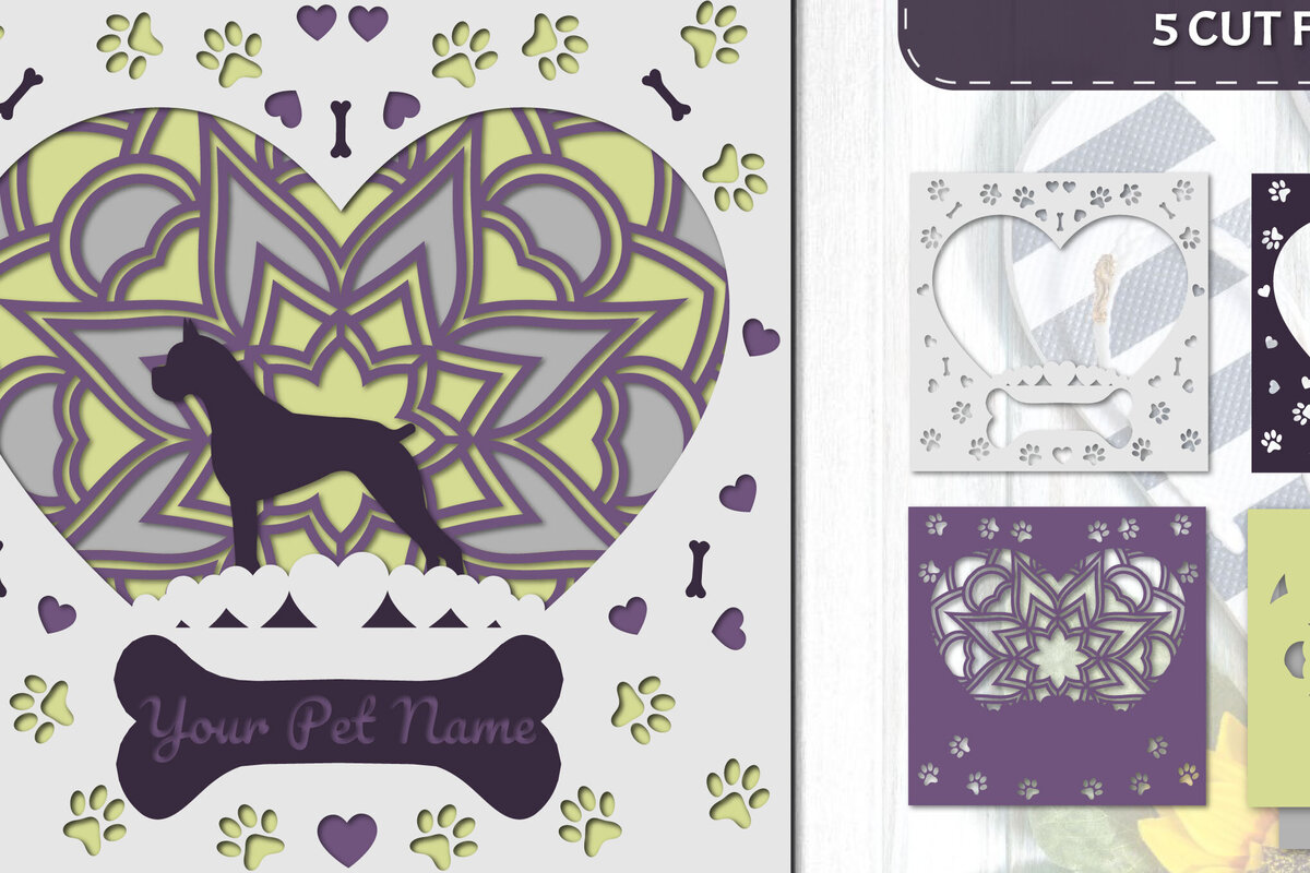 Σετ των 2 Intra απο ξύλο plywood 3mm-4mm πάχος – Pet Dog 3D Layered Papercut - Boxer Δίασταση  20x20 cm INTRAFABR-81288463