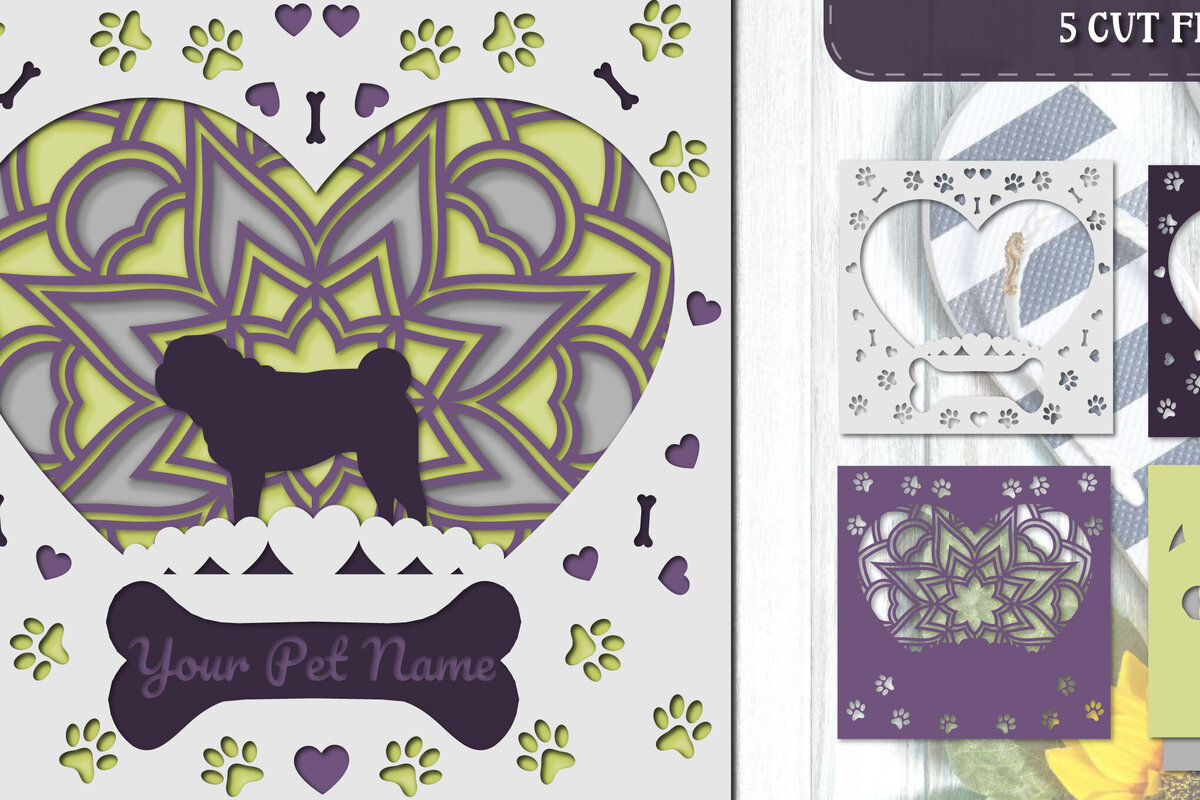 Σετ των 2 Intra απο ξύλο plywood 3mm-4mm πάχος – Pet Dog 3D Layered Papercut - Pug Δίασταση  20x20 cm INTRAFABR-81324760