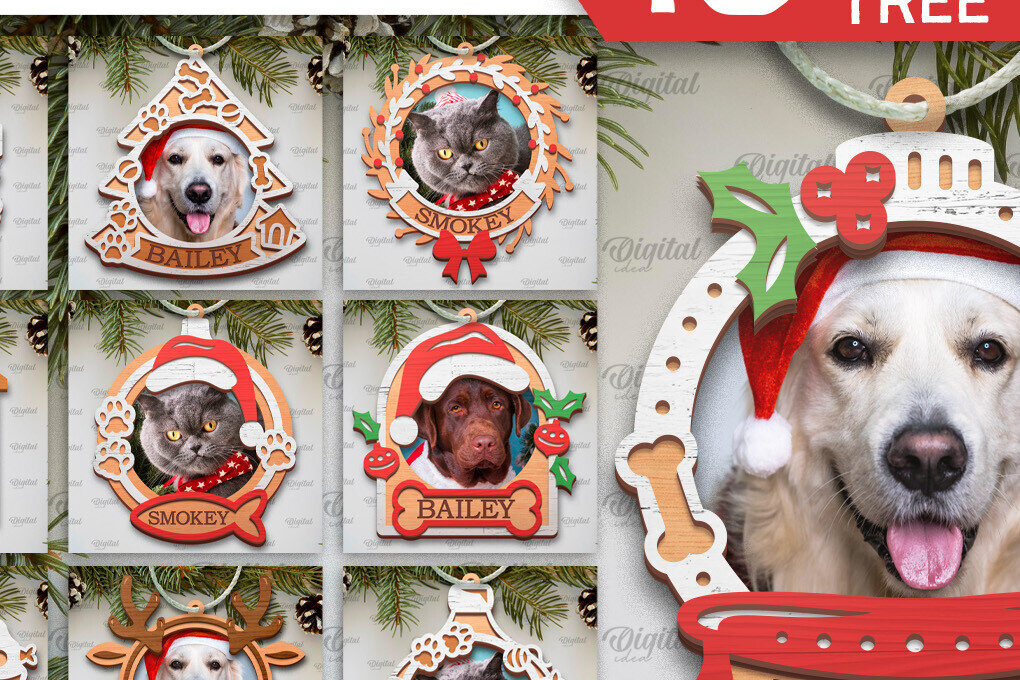 Σετ των 2 Intra απο ξύλο plywood 3mm-4mm πάχος – Pets Χριστουγεννιάτικα στολίδια LaserCut Πακέτο Δίασταση  20x20 cm INTRAFABR-104865568