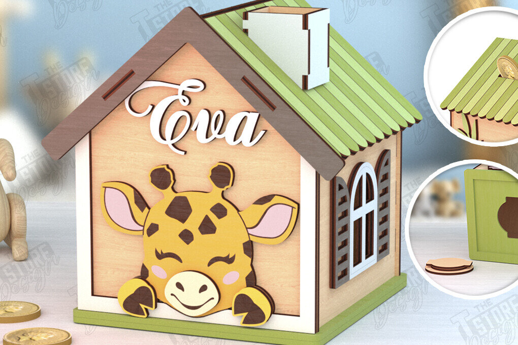 Σετ των 2 Intra απο ξύλο plywood 3mm-4mm πάχος – Κοπή λέιζερ Piggy Bank |  καμηλοπάρδαλης Δίασταση  20x20 cm INTRAFABR-120963987