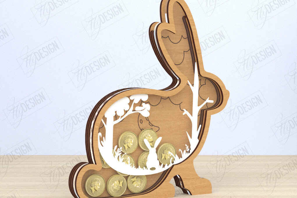 Σετ των 2 Intra απο ξύλο plywood 3mm-4mm πάχος – Κοπή λέιζερ Piggy Bank | Σχήμα λαγουδάκι Δίασταση  20x20 cm INTRAFABR-119899452