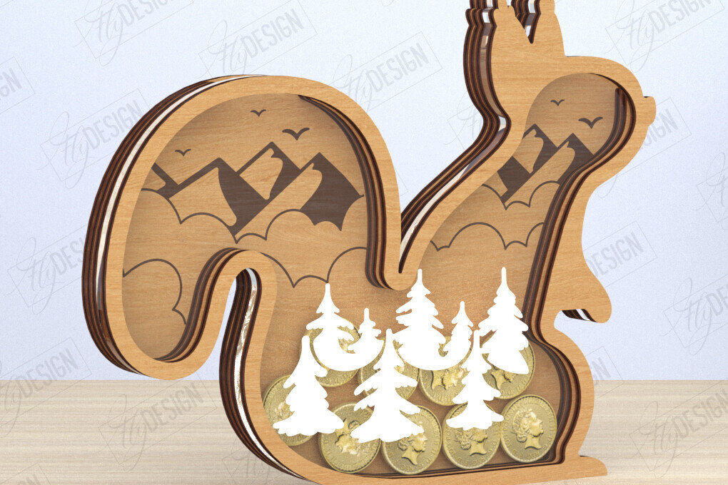 Σετ των 2 Intra απο ξύλο plywood 3mm-4mm πάχος – Κοπή λέιζερ Piggy Bank | Σχήμα Σκίουρου Δίασταση  20x20 cm INTRAFABR-119899513