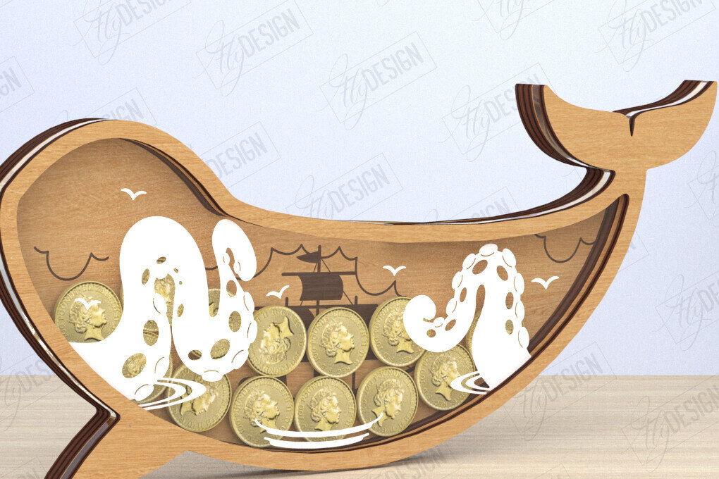 Σετ των 2 Intra απο ξύλο plywood 3mm-4mm πάχος – Κοπή λέιζερ Piggy Bank | Σχήμα Φάλαινας Δίασταση  20x20 cm INTRAFABR-119663913